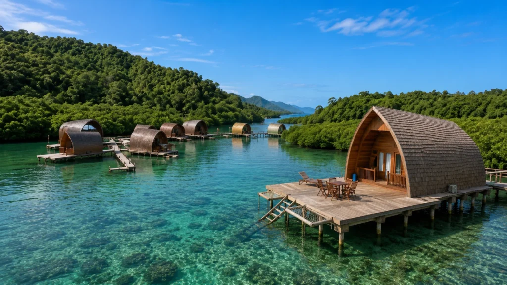 Andreas Resort dan Teras Pahawang di Pulau Pahawang Lampung dengan villa terapung di atas laut jernih.