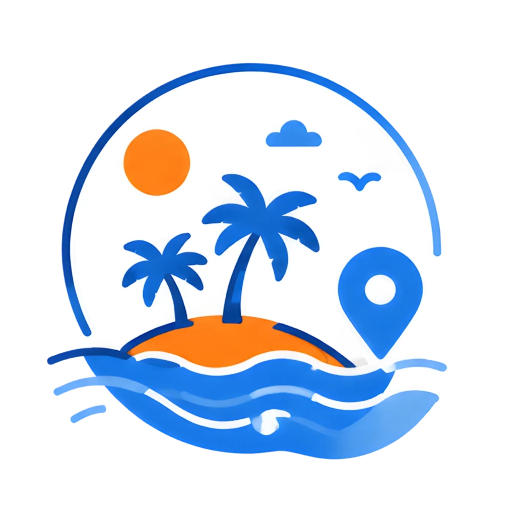 Ikon destinasi wisata Lampung dengan ilustrasi pulau tropis dan pantai eksotis.
