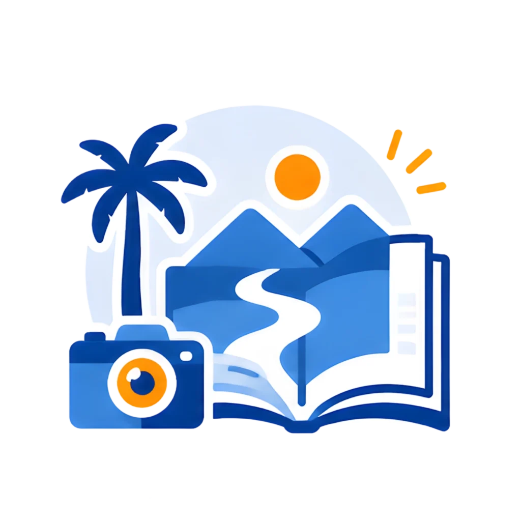 Ikon inspirasi wisata Lampung dengan ilustrasi destinasi alam, pantai, dan perjalanan.