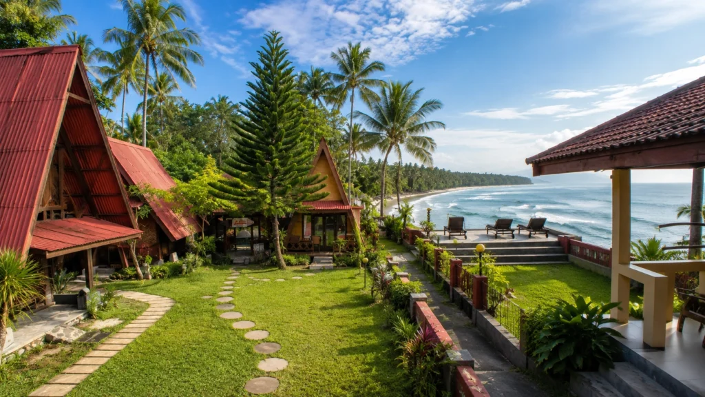 Krui Surf Resort di Pesisir Barat Lampung dengan pemandangan pantai, ombak selancar, dan cottage tropis menghadap Samudera Hindia.