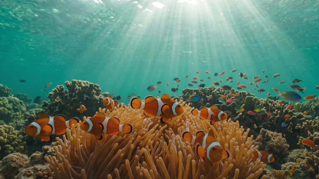 Wisata snorkeling di Lampung dengan terumbu karang dan ikan badut berwarna-warni di perairan jernih.