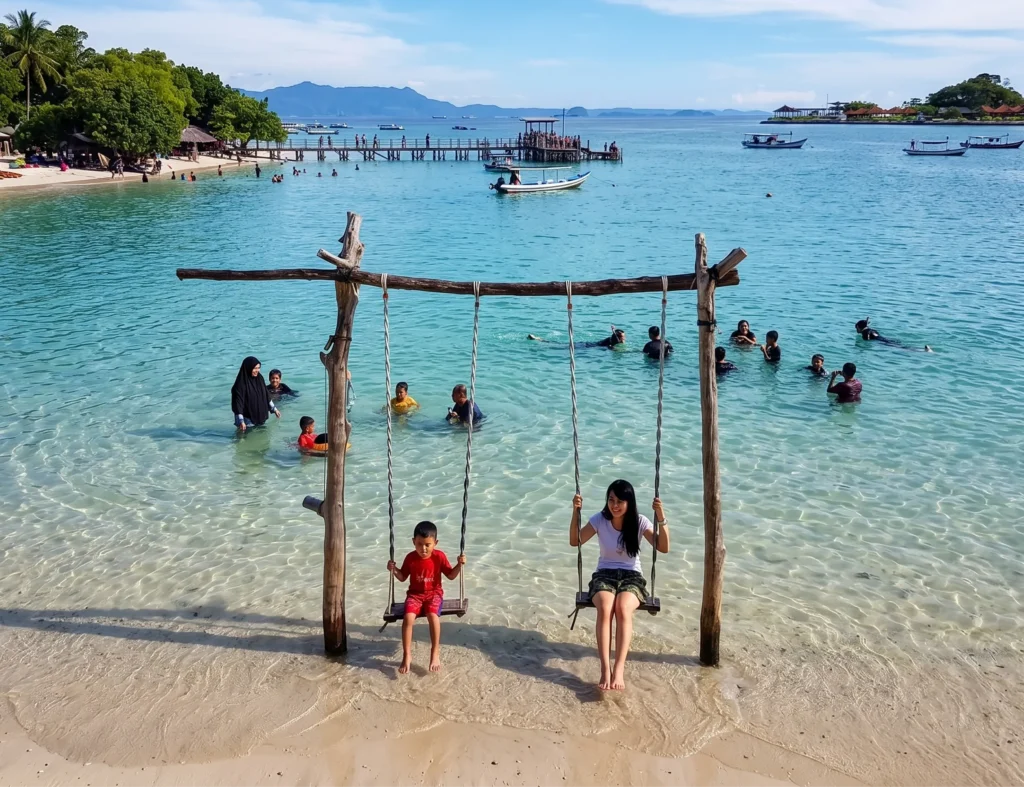 Pantai Mutun di Pesawaran Lampung dengan pasir putih, air laut jernih, dan pemandangan pulau-pulau kecil di sekitarnya