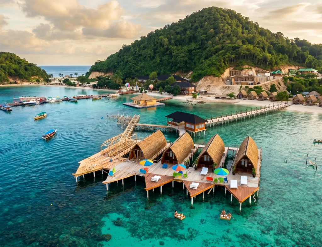 Pulau Tegal Mas Lampung dengan resort terapung dan panorama laut biru yang eksotis