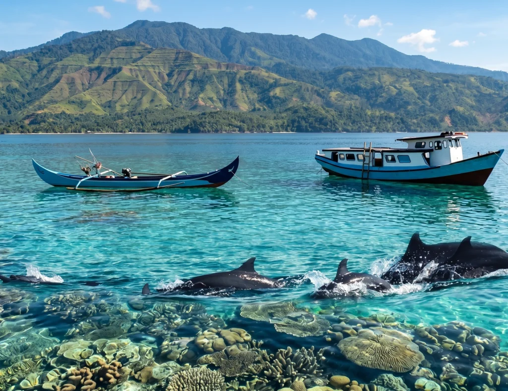 Perahu wisata di Teluk Kiluan Lampung untuk melihat lumba-lumba di habitat alaminya