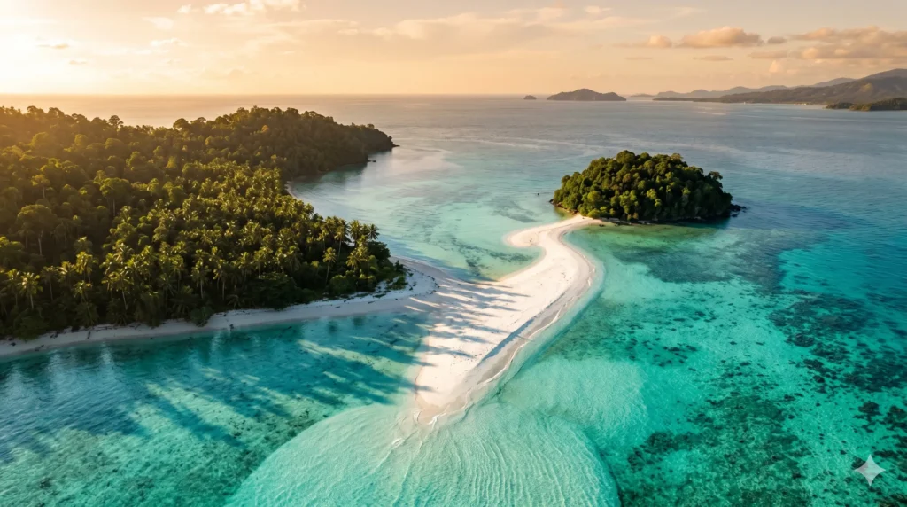 Pemandangan pulau tropis dan pasir timbul dengan laut biru jernih di destinasi wisata bahari Lampung.